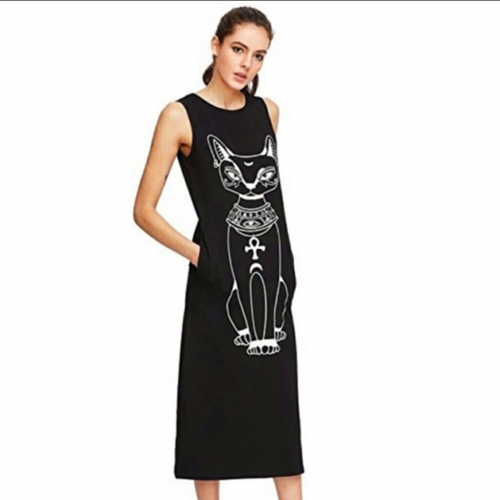 Egyptian Cat Sphinx Midi Dress - Black - Small